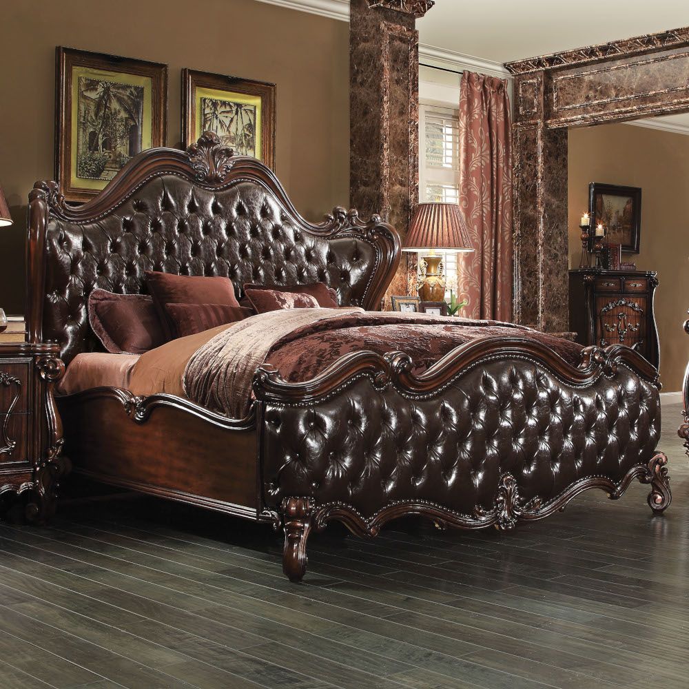 Versailles Queen Bed 2-Tone Dark Brown PU & Cherry Oak