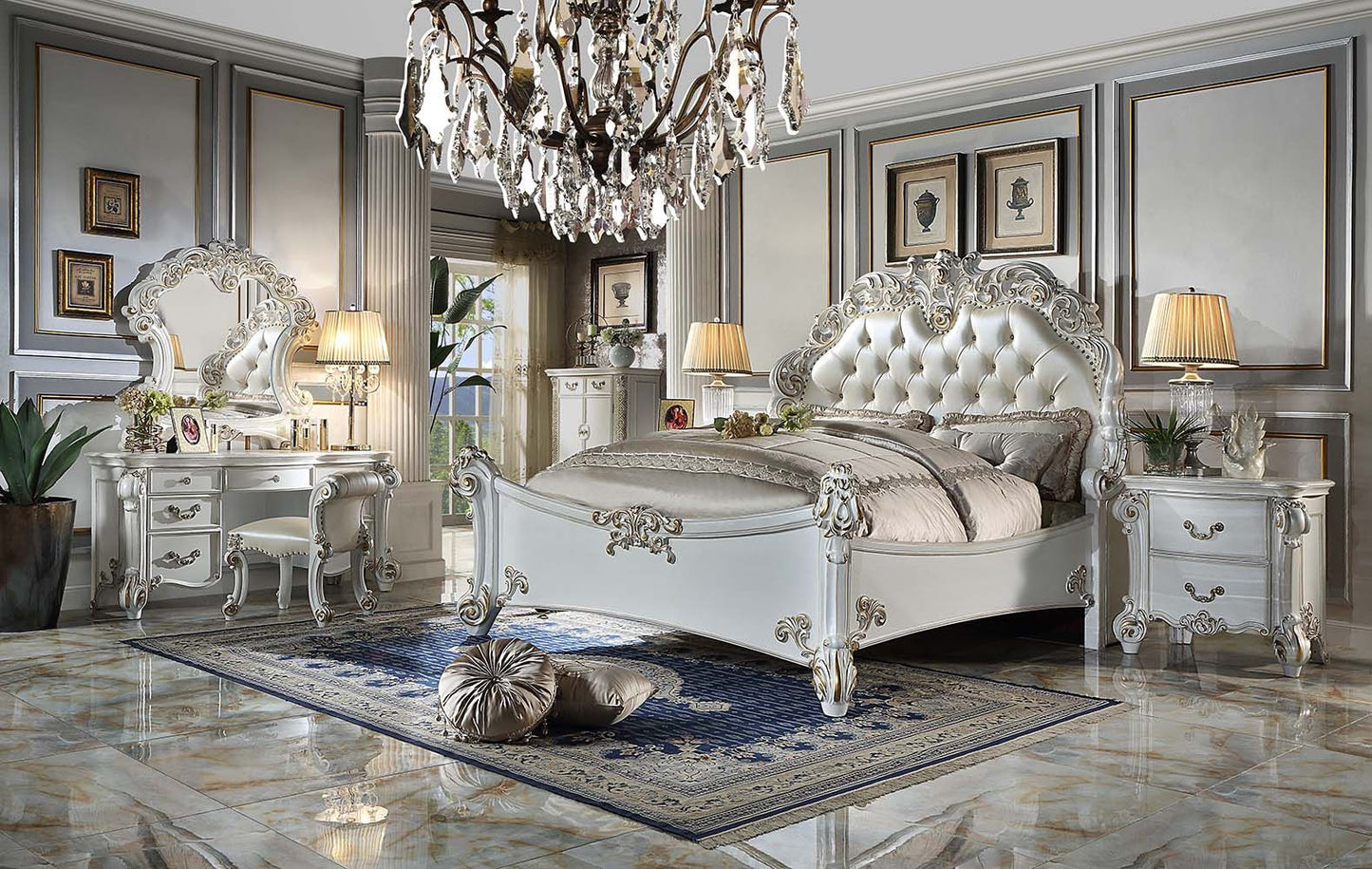 Vendome Queen Bed PU & Antique Pearl Finish