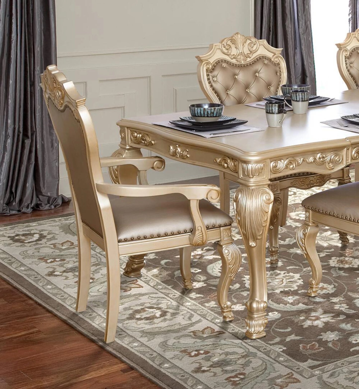 Miranda Series 9 Piece Wood Dining Room Set - Gold Finish